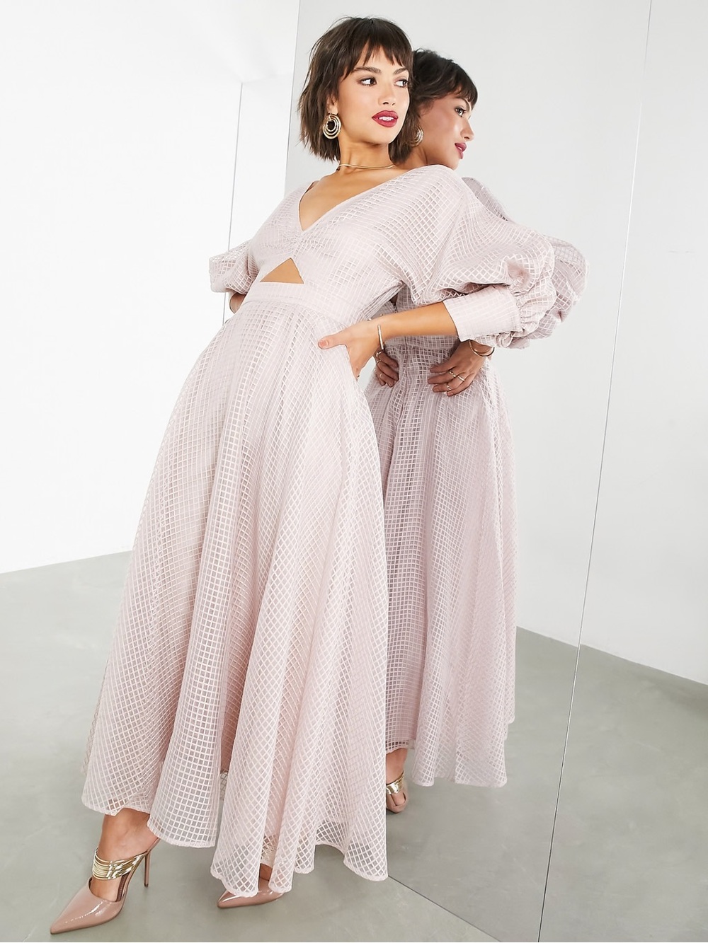 ASOS Edition Blouson Sleeve Organza Check in Blush Midi Dress Size 12